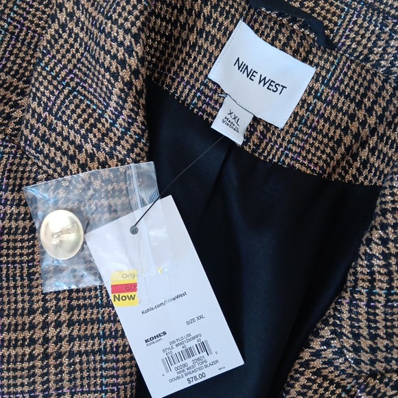 NINE WEST Double Breasted Blazer XXL Gold Plaid Metallic Gold Buttons NEW Career - Picture 5 of 10